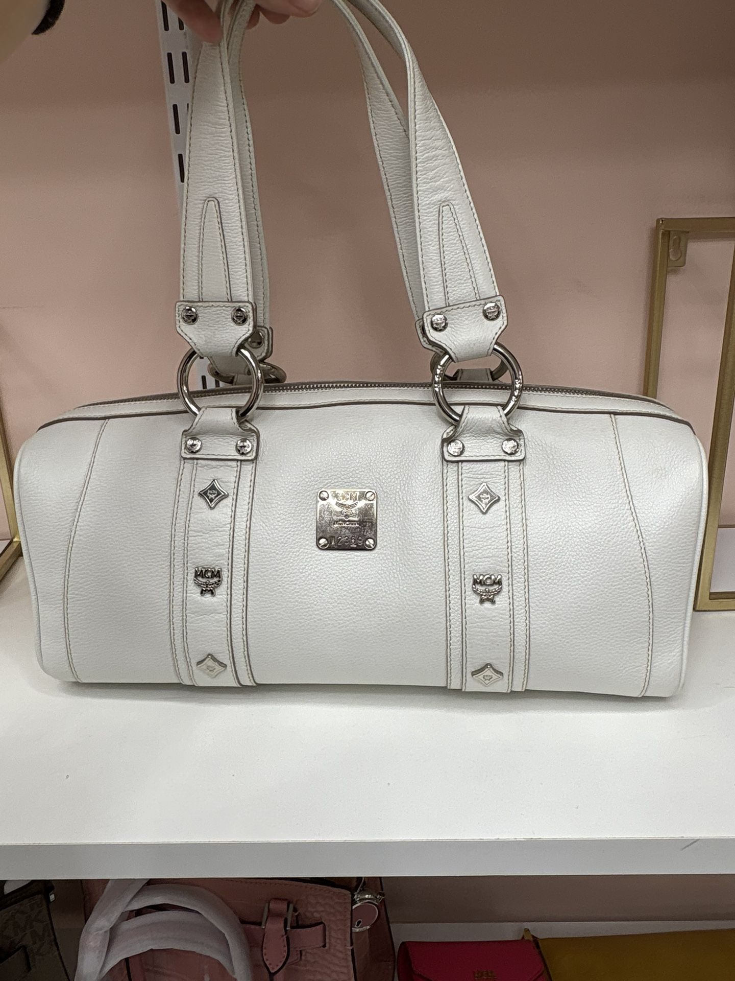 MCM White Leather Boston Satchel Bag – Silver Hardware