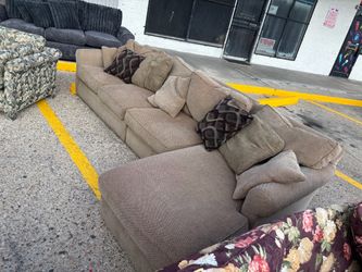 Large Beige Fabric Sectional Sofa with Pillows