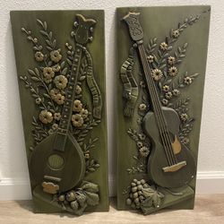Vintage Progressive Art Products 1982 3D Wall Plaques Pair Mandolin Cello 23.5in