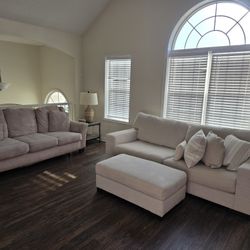 Living Room Set. Two Couches, Table Lamp And Ottaman