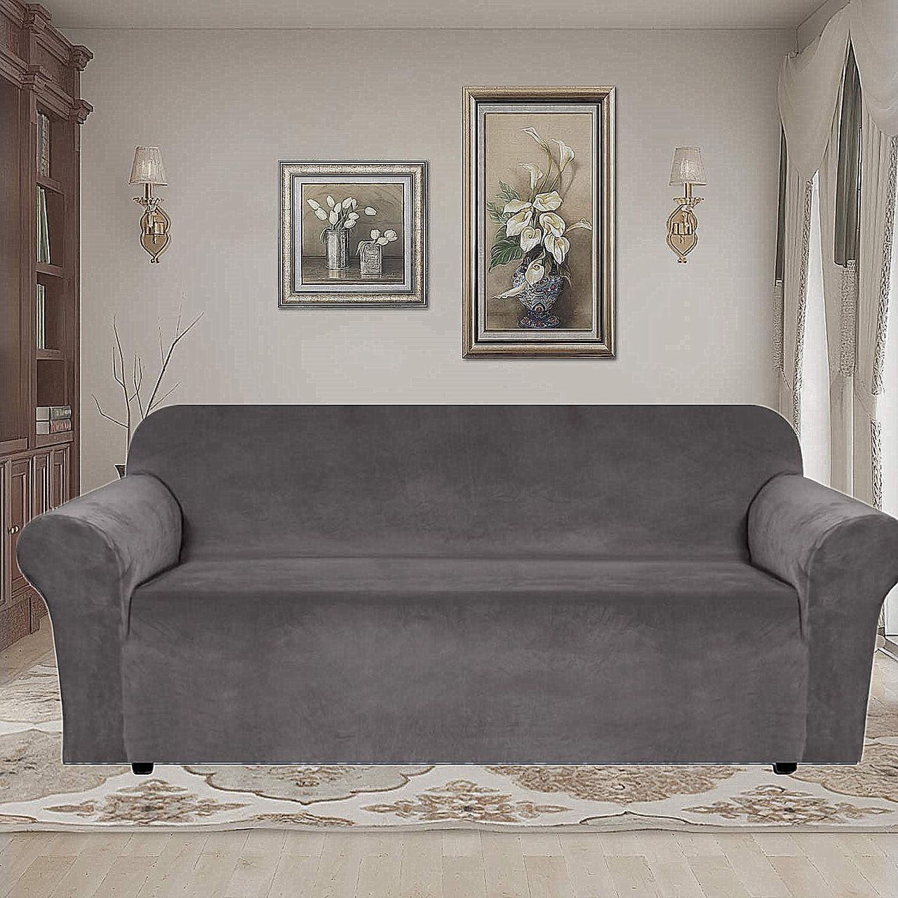 Ultra Soft Thick Stretch Velvet Fabric Sofa Slipcover for 3 Cushion Couch Covers (Grey)