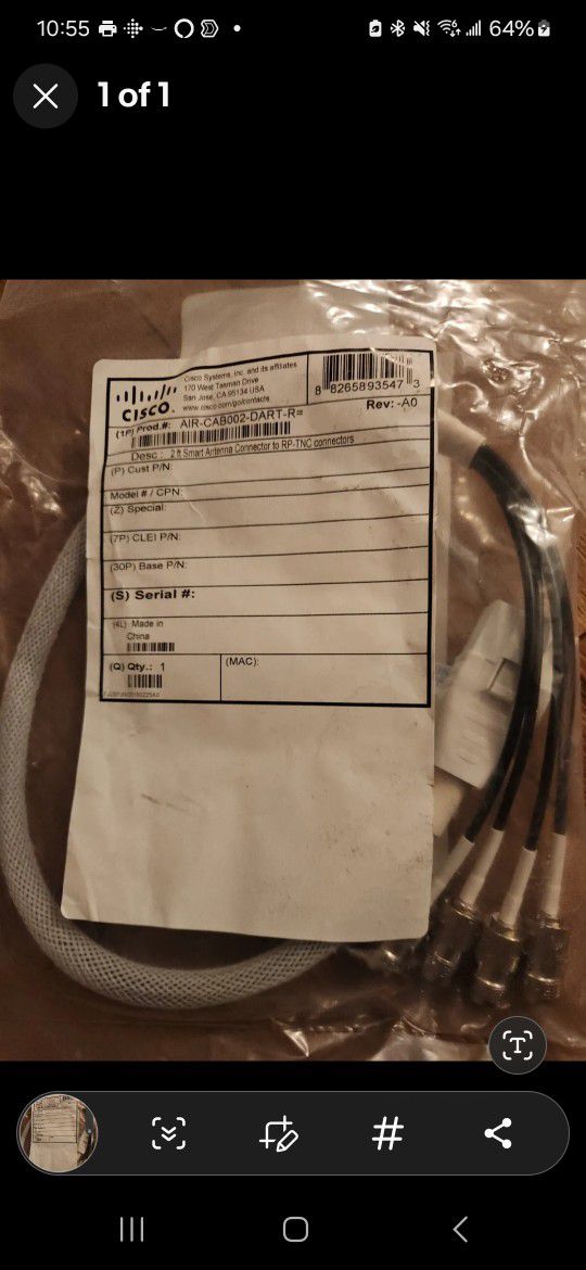 Cisco AIR-CAB002-DART-R=  2 FT Smart Antenna Connector RP-TNC Cable NEW & Sealed