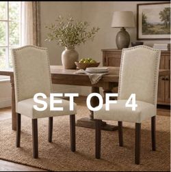 NEW Snugway Modern Faux Leather Dining Chairs, Light Beige with Nailhead Trim, Set of 2