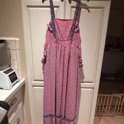 i heart ronson long pink sundress adj straps front pockets & ruffles Size XS but ca. fit up to Size M