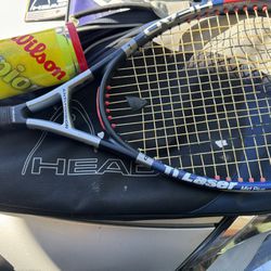 Used Head TI Laser mid plus tennis racket w/tennis bag and can of tennis balls