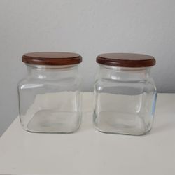 LARGE GLASS JARS WIDE MOUTH WITH WOOD LIDS, EACH $5
