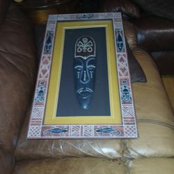 Hand Carved Hand  Painted Mask Wall Art In Shadow Box 