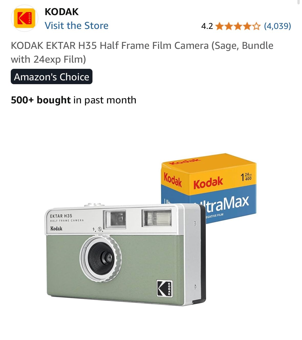 KODAK EKTAR H35 Half Frame Film Camera (Sage, Bundle with 24exp Film)