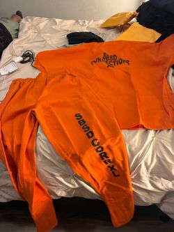 et #1: Brand-new Bob Barker orange SBSD uniform, XL, with matching shirt and pants plus a white undershirt.