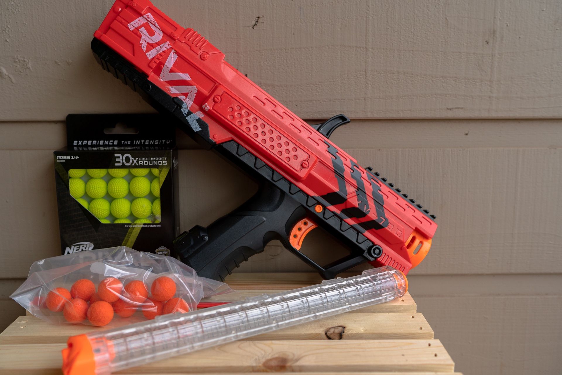 Red NERF gun with 30 special rounds and more