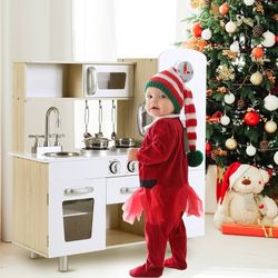 Kids Kitchen Playset, Preschool Cooking Kitchen, Toddler Wooden Pretend Play Toy w/Fridge, Stove, Cookware Utensil, Phone, Clock, Water Dispenser, Cab