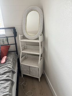 White Wicker Shelf Unit with Oval Mirror