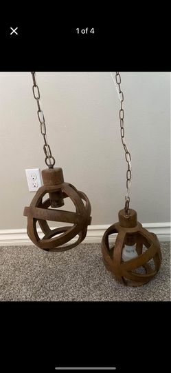 Pair Of wooden sphere pendant lights