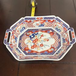Japanese Imari Octagonal Serving Bowl With Double Handle 12" x 9"