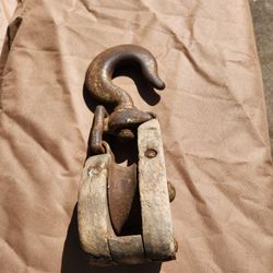 Antique Wood Single Wheel, Block & Tackle Pulley with Hook