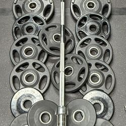 Olympic Weights gym quality grip plates 300 pounds & 45lb Olympic Barbell