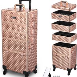 BYOOTIQUE 4in1 Rose Gold Rolling Makeup Train Case with Mirror Cosmetic Organizer Traveling Storage Artist Trolley 360-degree Swivel Wheels