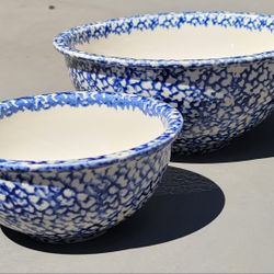 Tienshan Folk Craft Sponge Blue Bowls Set 10" and 7" round