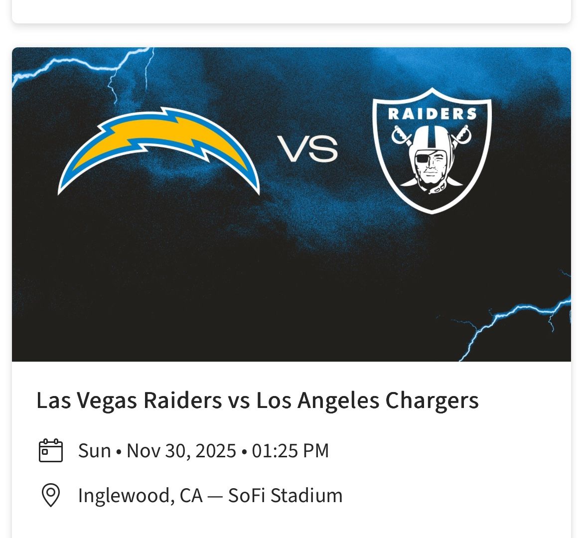 2 Raiders Vs Chargers Tickets 11/30