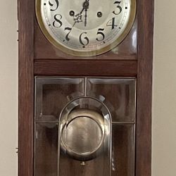 Antique German Art Deco Bing Bong Gong Chime 8 Day Wall Clock with Key Pendulum