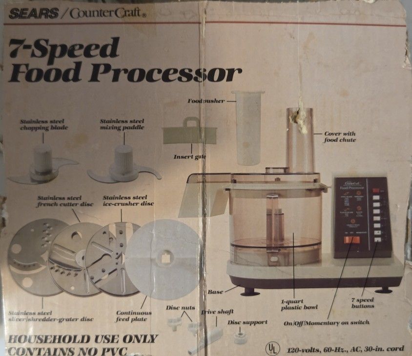 Food Processor Sears Roebuck And Co. Model No. (contact info removed)00 120 VAC 50 / 60 HZ . 3 . 45A Max.