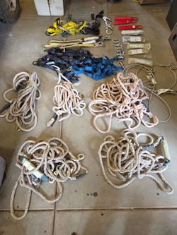 Roof. OSHA roof worker safety harnesses with roof top screw in ring, all ropes, 5 vests (3 large and 2 medium), fall safey elastic extensions and oth