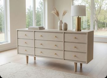 Vintage Dixie Beige - Tan Faux Linen Wood Dresser - Console