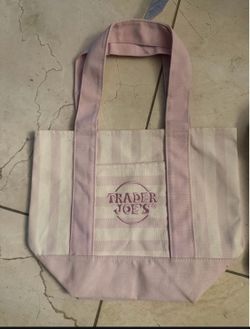 Trader Joe’s Embroidered Canvas Pink Stripe Mini Tote. Condition is New with tags
