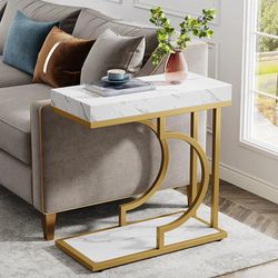Tribesigns Narrow Side Table White Gold Side Table C Shaped End Table Modern Bedside Table Small Side Table for Couch, Sofa Table with Metal Frame for