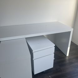 White Desk, Sliding Compartment, Rolling Storage Included