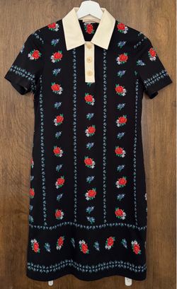 Tory Burch black floral polo cream collar lined midi dress, size XS