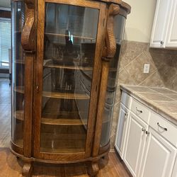 Antique Victorian Oak Wood Curved Glass Carved China Cabinet
