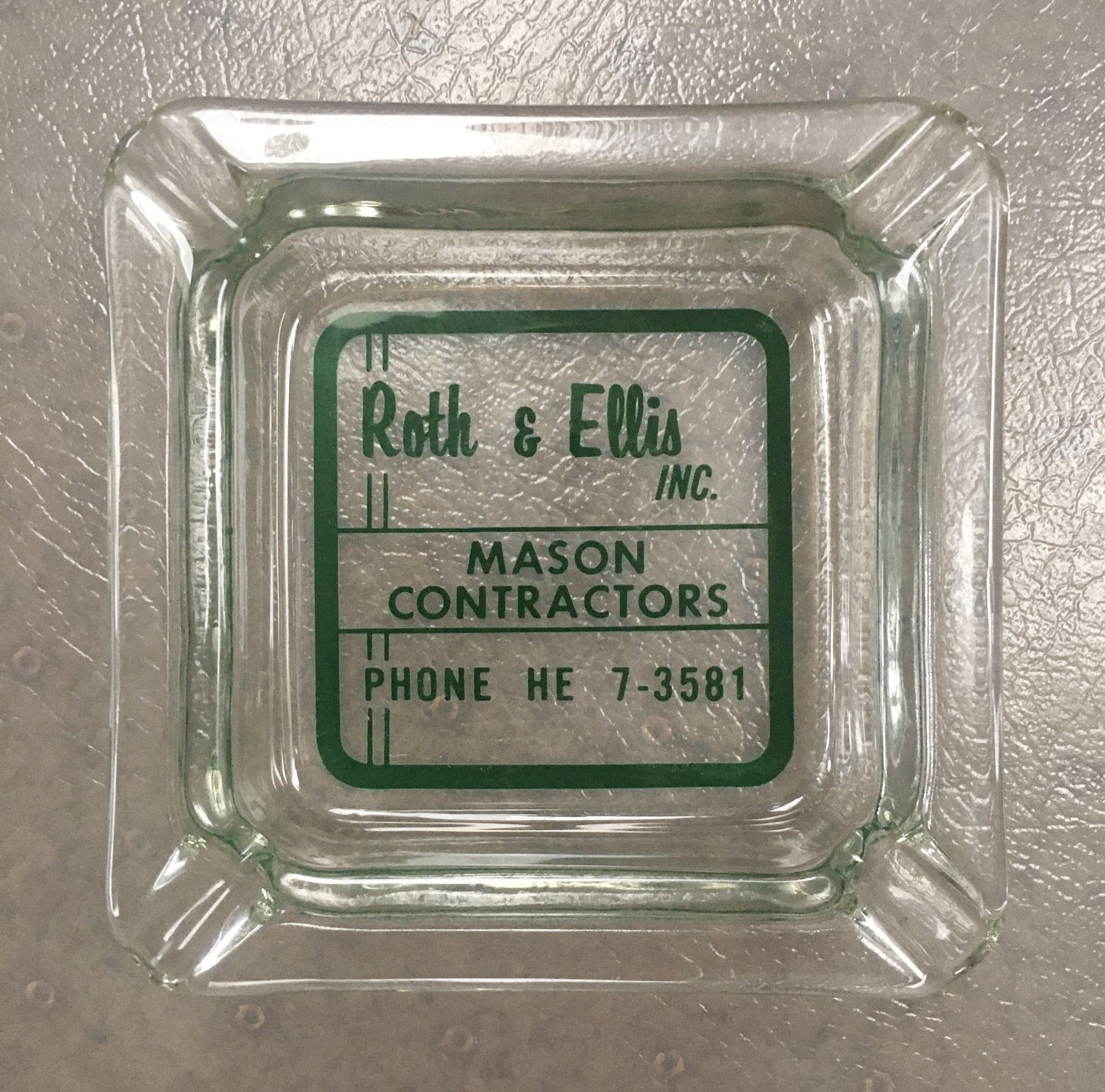 Vintage ROTH & ELLIS MASON CONTRACTORS Glass Ashtray - Emmaus PA - Lehigh Valley - Advertising