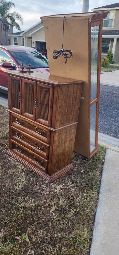 CURB ALERT! FCFS! Antique dresser w mirror, Curio cabinet, dresser - all still here as of 1pmCURB ALERT! FCFS! Curio cabinet, dresser, TV wall mount