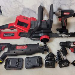 Hyper Tough 20V Li-ion cordless Tool kit 12" Chainsaw, Drill, Impact wrench Reciprocating Saw 