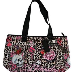 Ed Hardy Leopard Skull Rose Tattoo Print Tote Bag NEW 