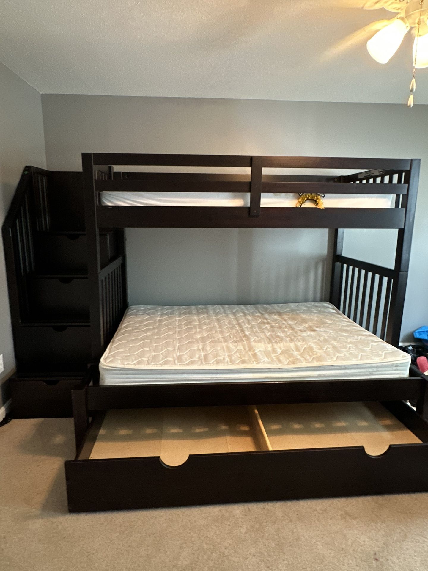 Twin/Full Espresso Stairway Bunk Bed w/ 2 Mattresses & Twin Trundle
