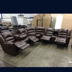 Brown Leather Fully Reclining Wrap Around Sectional Couch 