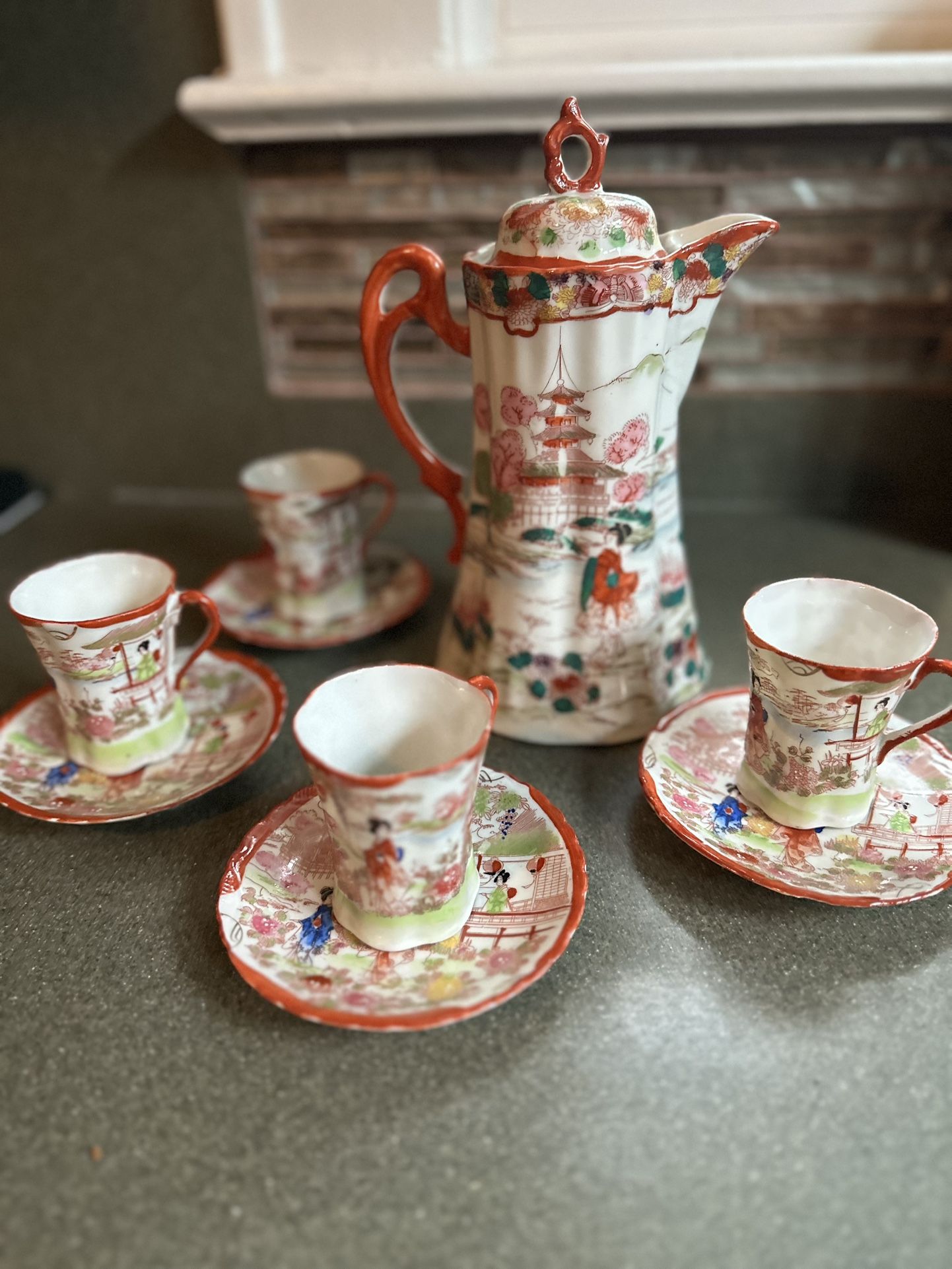 JAPANESE ORANGE NIPPON KUTANI TEA POT WITH 4 CUPS & 4 SAUCERS