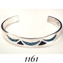 7.75 x 12mm Handmade Solid Sterling Silver Turquoise & Black Enamel Tribal Modernist Cuff Bracelet. TAXCO