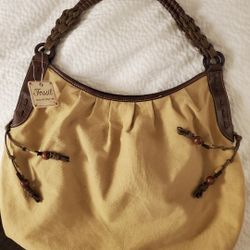 Fossil Large Tote Bag New With Tags Leather Trim Woven Strap Authentic