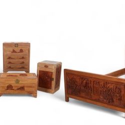 A Chinese Hand Carved Bedroom Suite Consisting Of A Bed, Tall Chest Of Drawers, Two Nightstands, Trunk And Nest Of Four Tables 