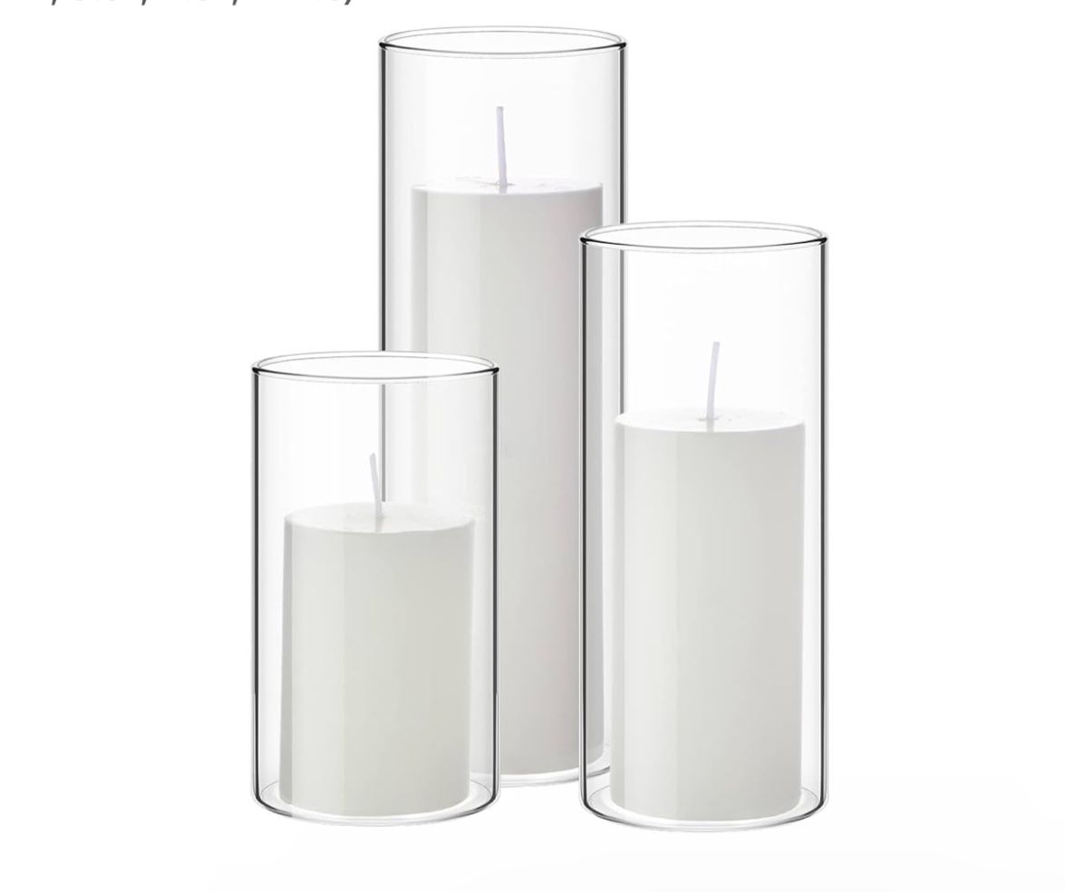 Set of 3 Pillar Candles and 3 Glass Cylinder Candle Vases Holders Clear Pillar Jars for Wedding Centerpieces(2.6'' X 4.7'', 5.9'', 7.9'',Whit