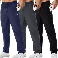 Mens Joggers with Zipper Pockets Open Bottom Sweatpants for Men 3 Pack Lightweight Track Pants Men for Workout,Gym