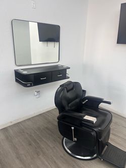 Barber chair, mirror and floating shelf