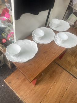 Antique White Milk Glass Snack Sets Teacups And Plates Set Four 