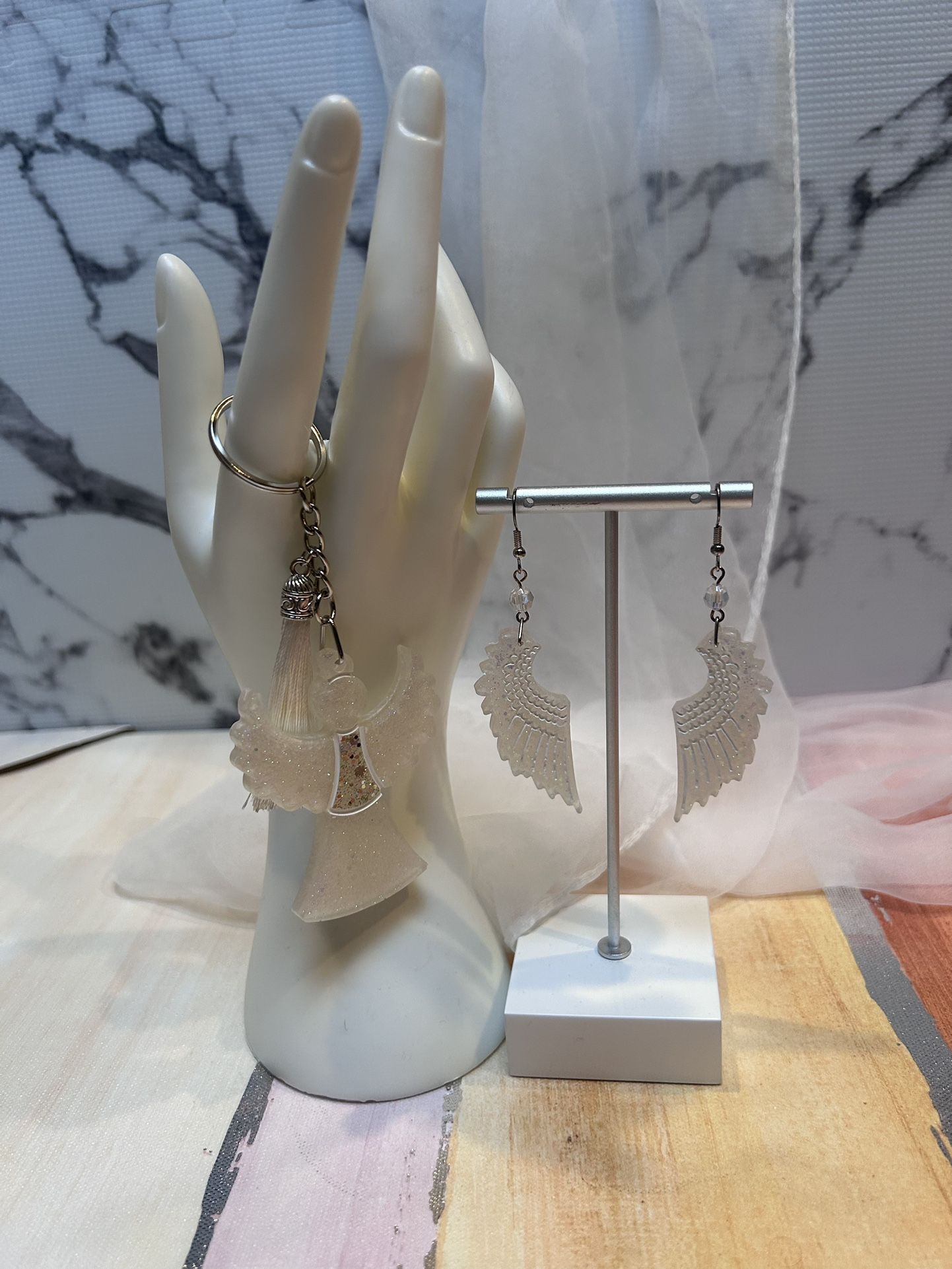 Resin Angel Keychain And Wings Earrings 