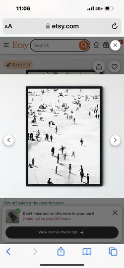 Large Frame Beach Art Black & White 42” length  31” Width