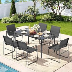 7 Piece Patio Dining Set for 6 with Textilene Chairs, Black Seats 6 Comfortably, Breathable Textilene Chairs, Tempered Glass Tabletop, Powder-Coated S