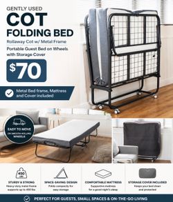 Cot Folding Bed with Mattress /Rollaway Cot w/ Metal Frame/ Portable Guest Bed on Wheels with Storage Cover